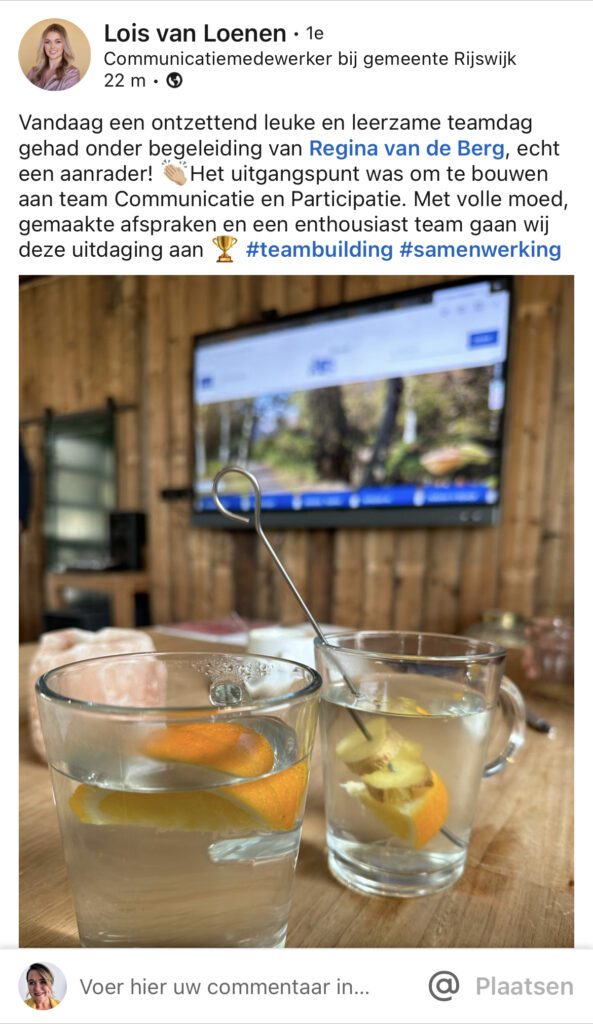 Linkedin post met een review van de teamdag van de gemeente Rijswijk.